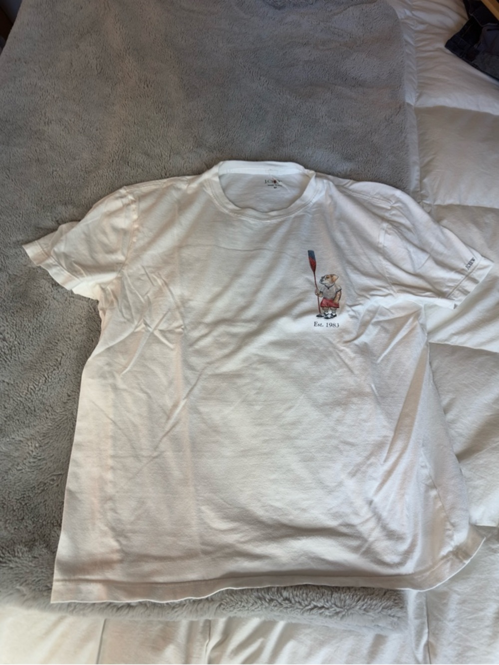 J. Crew White Graphic Tee with Small Paddling Bear size M